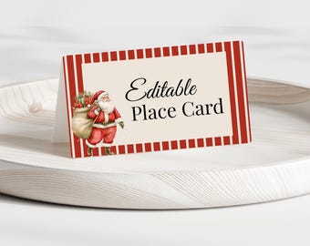 May include: A festive place card with a red and white striped border and the words "Editable Place Card." The card features a watercolor illustration of Santa Claus carrying a sack of gifts, perfect for holiday events.