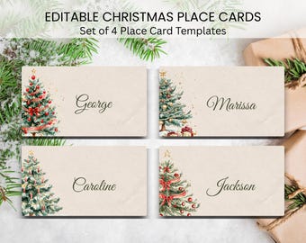 May include: Four beige Christmas place cards with watercolor Christmas tree illustrations and names: George, Marissa, Caroline, and Jackson. The cards are decorated with red bows and ornaments. The text "EDITABLE CHRISTMAS PLACE CARDS" is at the top.