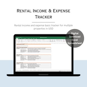Pode incluir: Um computador portátil que exibe uma planilha verde e branca com o título "Rental Expense Tracker". A planilha é dividida em três guias: "Rental Property Information", "Rent Log" e "Expense Log". O texto "Digital Download Excel Spreadsheet" está em um círculo branco com uma borda verde.