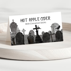 Modelo de cartão de buffet de Halloween | Modelo de cartão de lugar de Halloween | Cartão de lugar de outono | Cartão de lugar assustador | Modelo de cartão de comida | Cartão de barraca