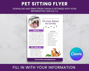 May include: Purple and white pet sitting flyer with the text "PET SITTING FLYER" at the top. The flyer includes a photo of a person with a cat, a list of services, and contact information. The flyer is customizable.