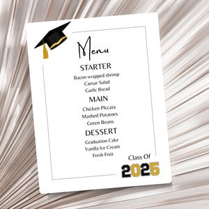 Graduation Menu Template | Printable Graduation Menu | Editable Graduation Menu | 8.5&quot; x 11&quot; Digital Download | Class of 2025 Printable Menu