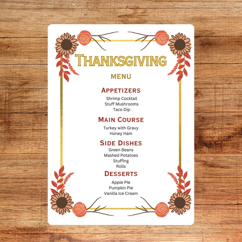 Thanksgiving Menu Template Editable Thanksgiving Menu Printable
