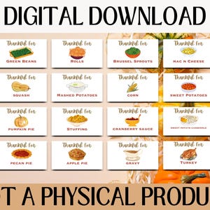 May include: Digital download featuring Thanksgiving food labels. Each label, with the words "Thankful for," showcases a watercolor illustration of a dish, including green beans, rolls, and turkey. The text "NOT A PHYSICAL PRODUCT" is also present.