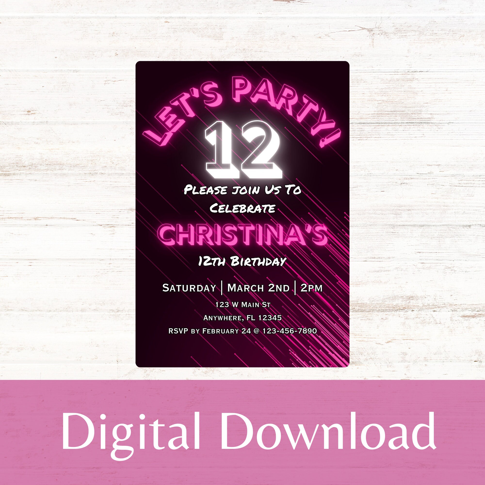 Pink Neon Birthday Invitation Template Editable Girl Birthday ...