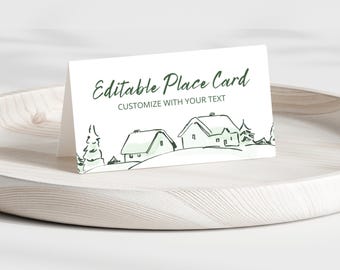 Weihnachtstischkartenvorlage, Weihnachtsdorf, bearbeitbar, anpassbare Buffetkarte, Winterdorf-Thema, Lebensmitteletikett, Namenszeltkarte