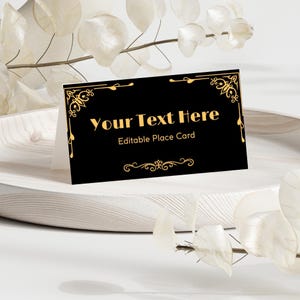 Plantilla de tarjeta de lugar para Nochevieja / Plantilla de tarjeta de bufé de Año Nuevo / Tarjeta de lugar Art Deco / Tarjetas de lugar para fiestas / Tarjetas de lugar doradas
