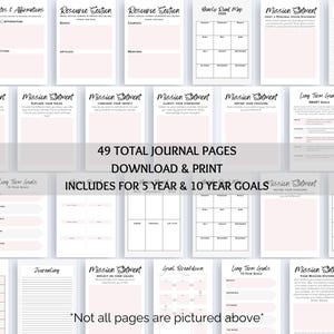 May include: A printable journal with 49 pages for goal setting, mission statement reflection, and weekly road map planning. The journal includes sections for 5-year and 10-year goals.