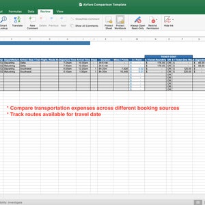 Modelo de comparação de viagens - Download instantâneo do Excel - Compare sua passagem aérea, trem ou outros custos de transporte com passagem