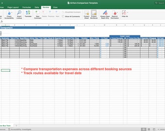 Reisevergleich Vorlage - Excel Sofort-Download - Vergleichen Sie Ihre Flug-, Zug- oder andere Transportkosten