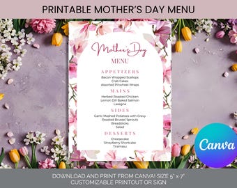 Plantilla de menú para el Día de la Madre / Menú editable para el Día de la Madre / Bebidas imprimibles / Menú para brunch del Día de la Madre
