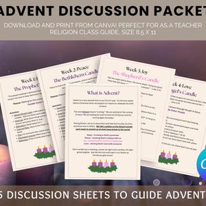 Peut inclure: Cinq feuilles de discussion pour l'Avent, avec du texte tel que "Advent Discussion Packet" et "5 Discussion Sheets to Guide Advent." Les feuilles ont un fond clair avec des accents violets et verts, et un logo Canva.