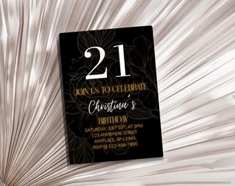 Editable 21st Birthday Invitation: Black and Gold Party Invite (Canva Template)