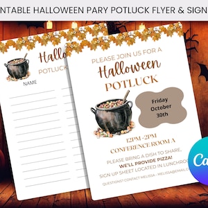 May include: A printable Halloween potluck flyer and sign-up sheet featuring a black cauldron illustration, autumn leaf borders, and text including Please Join Us For A Halloween Potluck, Friday October 30th, 12PM-2PM, Conference Room A.