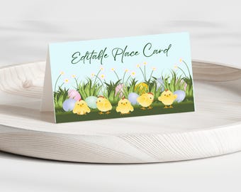 Oster-Buffetkartenvorlage: Küken und Eier-Design (Canva bearbeitbar, digitaler Download)