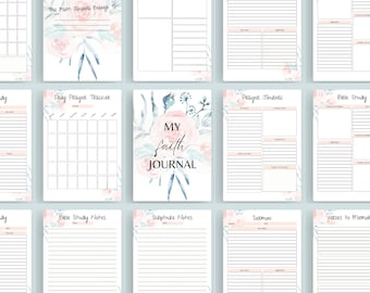 May include: A printable set of pages for a faith journal with a watercolor floral design. The pages include sections for daily prayer tracking, scripture notes, sermon notes, verses to memorize, and bible study notes. The cover page features the text "My Faith Journal".