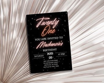 Editable Neon 21st Birthday Invitation Template (Canva)