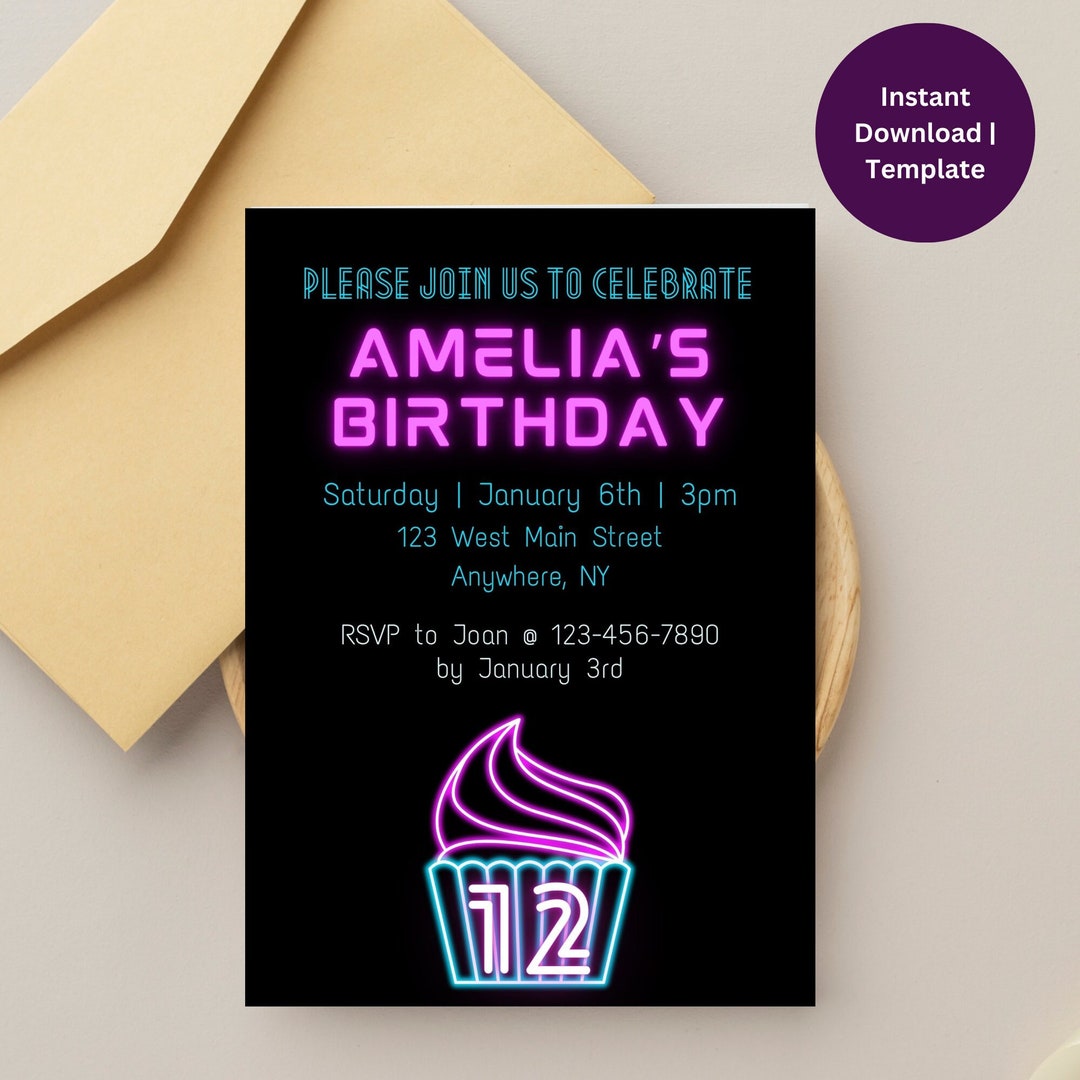 Neon Birthday Invitation Template Editable Glow Party Birthday