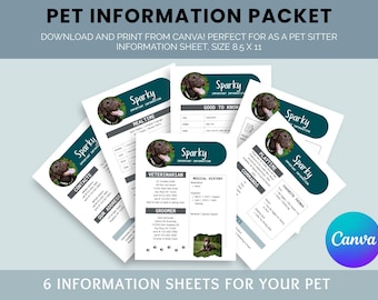 May include: A collection of six pet information sheets with the name "Sparky" and a photo of a dog. The sheets include sections for contacts, mealtime, playtime, and medical history. The text "Pet Information Packet" is at the top.
