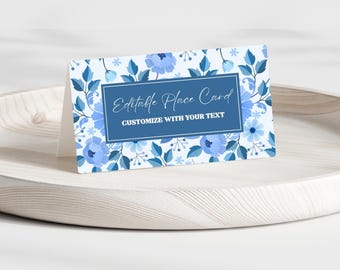 Muttertag Tischkarten Vorlage | Blumen-Tischkarte | Buffet Karte | Lebensmittel Etikett | Namenszelt-Karte | Blaue Blumen | Duschparty-Brunch