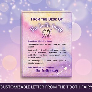 May include: A customizable letter from the Tooth Fairy with a purple and pink watercolor background. The letter includes a tooth icon and the text "From the Desk of The Tooth Fairy".
