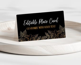 Black & Gold Floral Platzkartenvorlage: Bearbeitbare Buffetkarten (Digitaler Download)