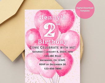 Pink Balloons Birthday Invitation Template | Customizable Pink Balloons and Gold Glitter Birthday Invitation | Birthday Party Invitation
