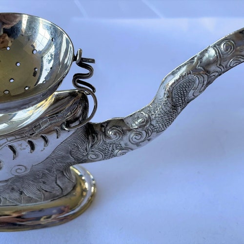 Vintage Vietnnamese shops 900 Purity Silver Sea Dragon Tea Strainer and Stand