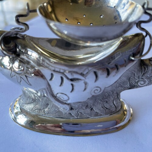 Vintage Vietnnamese shops 900 Purity Silver Sea Dragon Tea Strainer and Stand