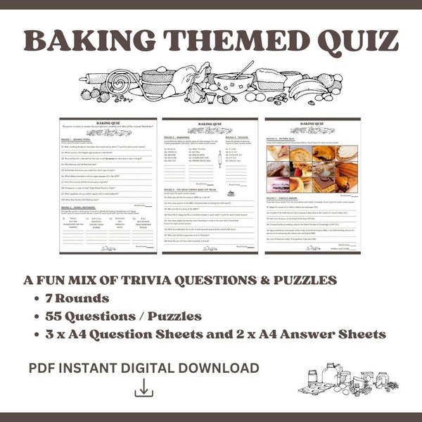 Printable Baking Themed Quiz. Afternoon Tea Party Games. Bake Off Quiz Night. 55 Pub Trivia Questions & Puzzles. 7 Rounds. Downloadable PDF.