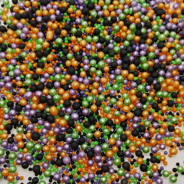 Halloween Bubbles Cupcake Sprinkles Mix. Edible Black Orange Green Purple Cake Decorations. 3mm Pearls 100s & 1000s Cookie Toppers.