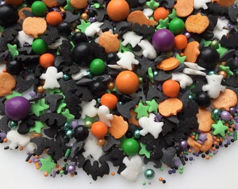 Happy Halloween Cupcake Sprinkles Mix. Edible Purple Black Orange White Green Cake Decorations. Bat Ghost Pumpkin Hat Cookie Toppers.