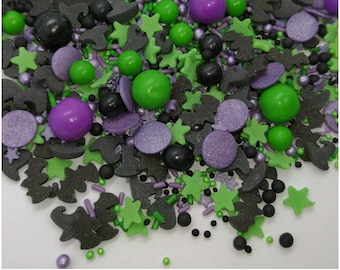 Halloween Witches Cauldron Cupcake Sprinkles Mix. Edible Black Green Purple Cake Decorations. Witches Hat Bat Cookie Toppers.
