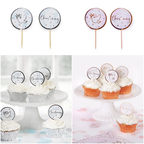 12 Christening Cupcake Toppers. Reversible Foil Cake Decorations. Silver Blue Rose Gold Pink Buffet Party Picks. Baby Boy Girl.