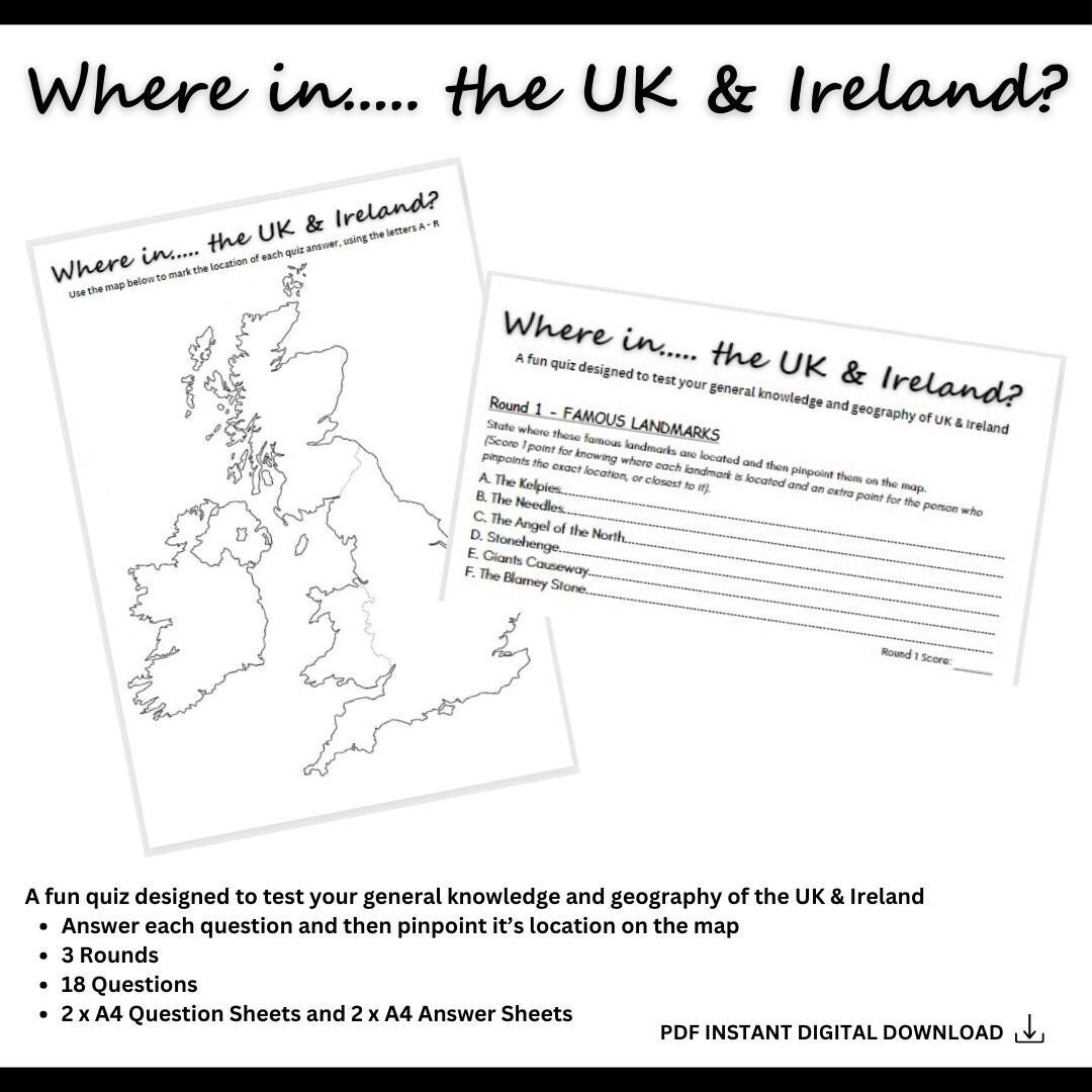 Printable UK & Ireland Themed Quiz. Pinpoint Answers on Map. Quiz Night