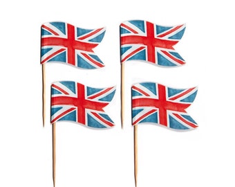 12 Union Jack double-sided cupcake toppers. VE Day Celebration watercolour print & waved shaped flag picks. Red White Blue Cake Decorations