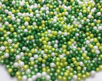 St. Patrick's Day Cake Decorations. Edible Celtic Cupcake Sprinkles. Green, White & Lime Glimmer 3mm Pearls. Irish Cakesicle Toppers.  50g.