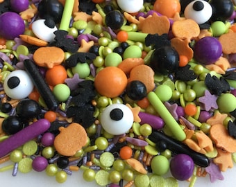 Halloween Monster Mash Cupcake Sprinkles Mix. Edible Lime Black Orange Purple Cake Decorations. Eyes Pumpkins Bats Cookie Toppers.