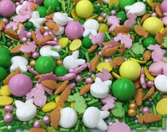 Easter Cake Decorations. Spring Cupcake Sprinkles Mix. Edible Egg, Carrot & Bunny Shapes. Green, White, Pink, Yellow, Orange Cake Toppers.
