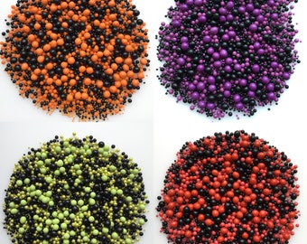 Halloween Cake Decorations. Edible Cupcake Sprinkles. Black Orange Lime Purple Red Bubbles. Cookie Toppers. 100s, Pearls, Crispy Pearls.