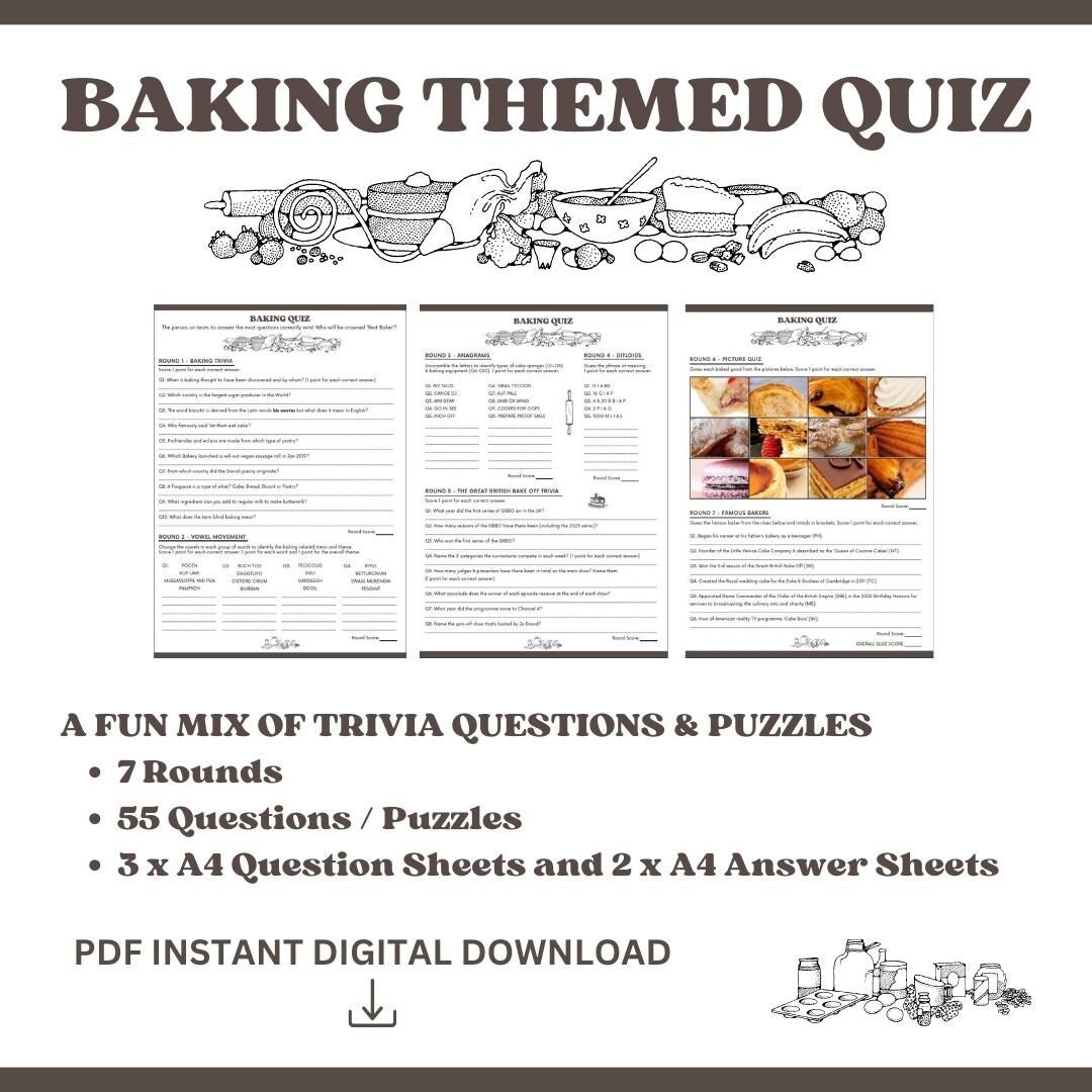 Printable Baking Themed Quiz. Afternoon Tea Party Games. Bake off Quiz