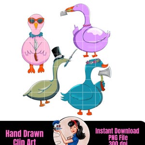 Clip Art Silly Goose with Knife Hand Drawn Digital Download 300 DPI PNG Instant Papers Vinyl Fabric  Geese Pink Purple Blue Green