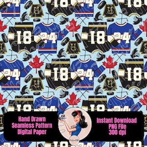 May include: Seamless digital paper pattern featuring hockey jerseys, pucks, and maple leaves in black, blue, and red on a light blue background. The jerseys display the numbers "18" and "24". Includes text: "Hand Drawn Seamless Pattern Digital Paper" and "Instant Download PNG File 300 dpi".
