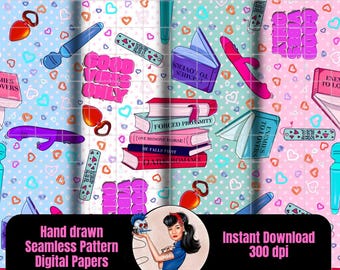 Seamless Pattern Bundle Bookish Vibes Hand Drawn - 4 colors- 300 DPI PNG Instant Download Digital Paper Fabric Tropes Smut Spicy Romance