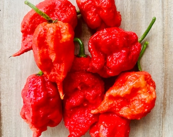 May include: A group of eight red chili peppers, with a bumpy texture, are arranged on a wooden surface.