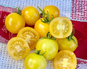 May include: A collection of ripe, yellow tomatoes, some whole and others sliced open to reveal their juicy interiors. The tomatoes are arranged on a blue and red patterned cloth, showcasing their vibrant color and freshness.