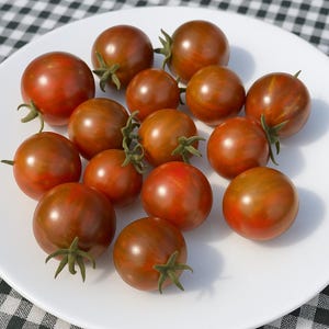 May include: A white plate filled with a collection of ripe, dark red and brown cherry tomatoes. Each tomato has a green stem and a smooth, glossy skin. The tomatoes are arranged on a white plate against a checkered background.