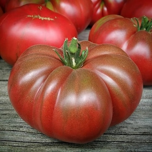 May include: Close-up of several ripe heirloom tomatoes. The tomatoes are a deep red color with hints of green and brown. The tomatoes have a ribbed texture and are sitting on a wooden surface.
