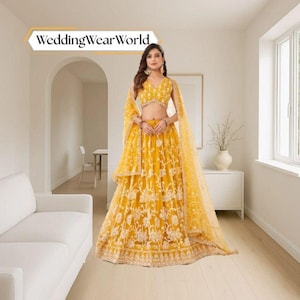 Yellow Lehenga Choli: Sequins Embroidery Indian Wedding Wear