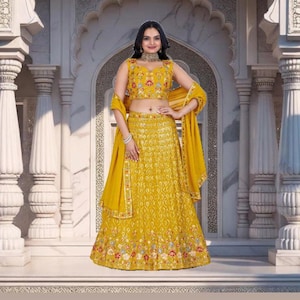 Yellow Embroidered Lehenga Choli: Indian Wedding Wear